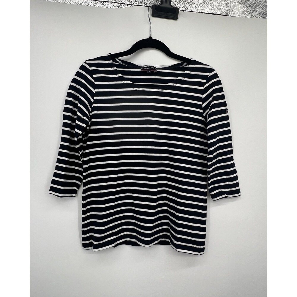 Armor Lux Womens T Shirt Top Striped Sz 2 US M Striped Black 3/4 Sleeves Preppy
